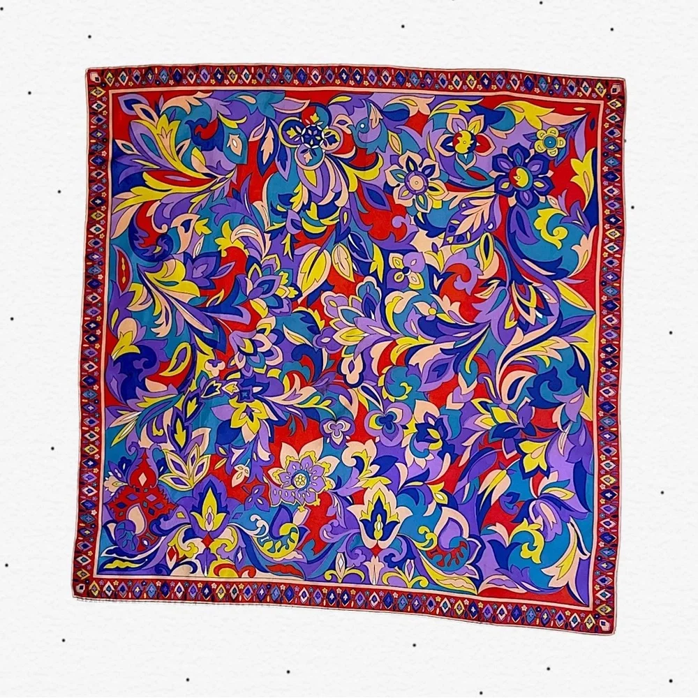 Vintage Vibrant Multicolor Floral Silk Square Scarf